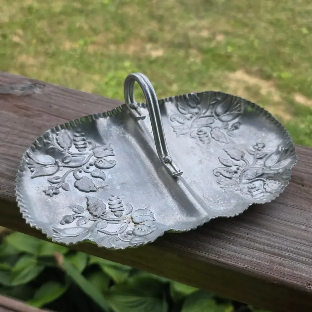 Vintage Embossed Aluminum Divided Serving Tray w/ Handle